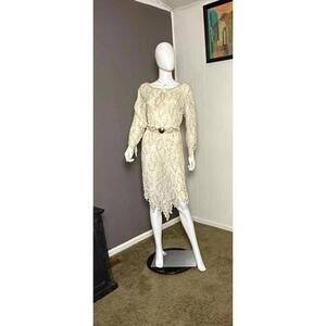 1980's Cream Sequin + Beaded Silk Dress with Jagged Hem and Sash Belt Size M
